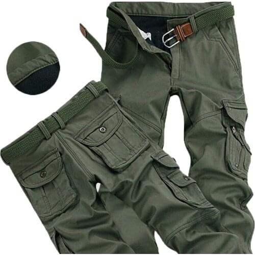 Mens Winter Pants Thick Warm Cargo Pants Casual Fleece Pockets Fur Trouser Plus Size 38 40 Fashion Loose Baggy Joger Worker Male