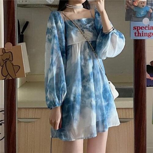 2021 summer new design sense large size fat MM sling strapless tie-dye one-shoulder white and thin dress female lantern sleeves