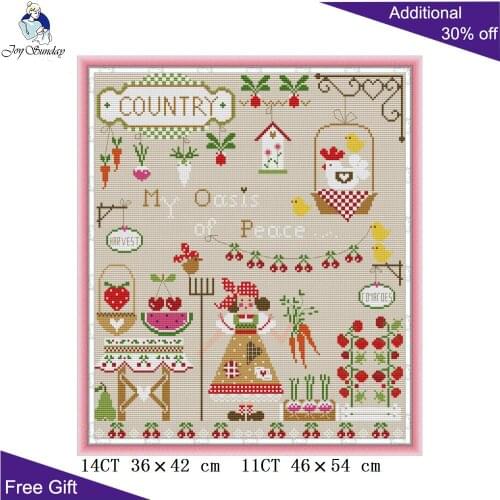 Joy Sunday Carrot Farm FA105 Counted and Stamped Home Decor Country Girl Carrot Hen Strawberry Cherry Harvest Cross Stitch kits