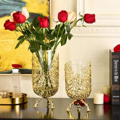 Glass Vase Golden Metal Frame Branches Vine Hollow Bracket Tall Flower Vase Flower Arrangement Hydroponics Home Decoration