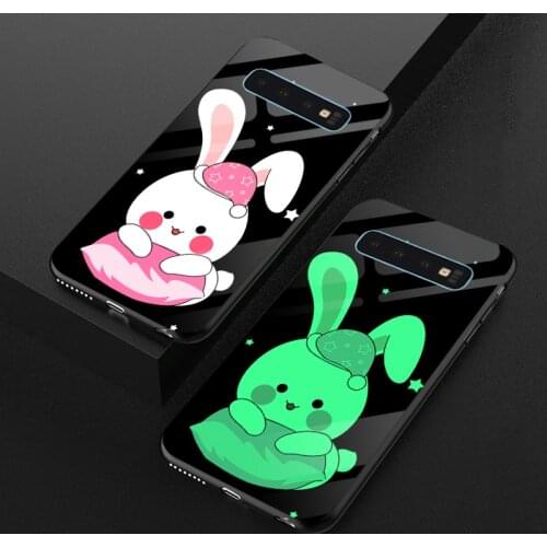 Luminous Glow Glass Case For Samsung Galaxy S8 S9 S10 Plus Cute Rabbit Light Back Cover For Samsung S10E
