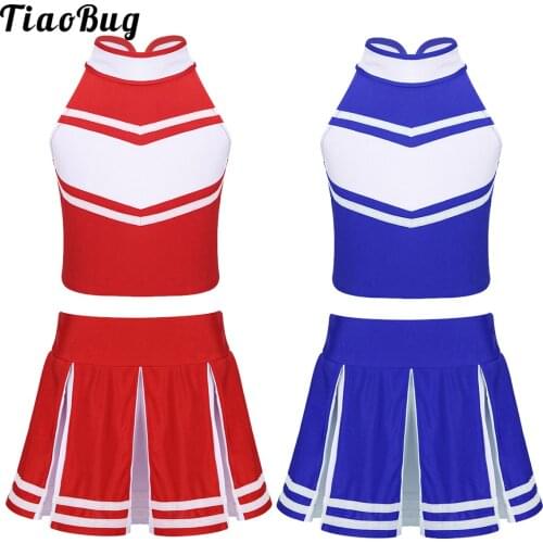 TiaoBug Kids Girls School Cheerleader Uniform Sleeveless Crop Tops Pleated Skirt Set Child Stage Performance Team Dance Costume