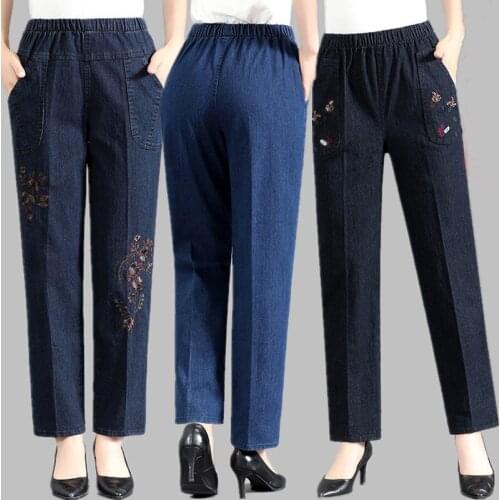 Plus Size High waist Jeans Women Spring Autumn Elastic Waist Denim Trousers Female Mother Casual Embroidered Jeans Pants W2297