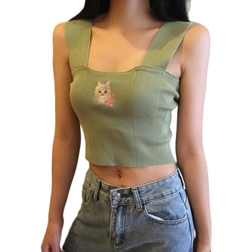 Women Tank Tops Ladies Cute Cat Pattern White Crop Top Summer Sleeveless Knitted Vest
