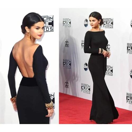 Elegant Long Boat Neck Celebrity Dresses with Sleeves Mermaid Robe De Soiree Floor Length Satin Backless Formal Dress for Women