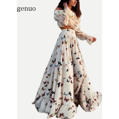 Butterfly Floor Length Womens Dress +Slash Neck Sweet Tops Bohemian Maxi Dress Women Dress Spring Autumn Two Pieces Sets