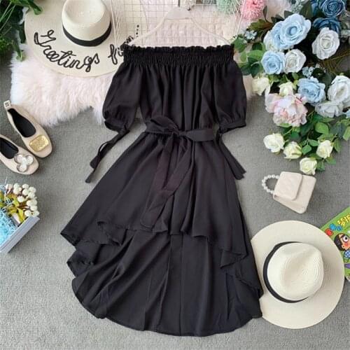 2020 Summer new Slim Asymmetrical Ruffle Dresses Ladies Elegant Sexy Off shoulder Chiffon Beach Dress Party Dress Women Vestidos