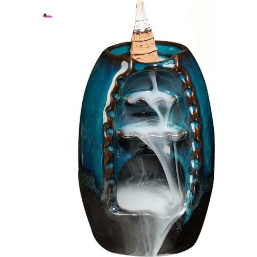 T Cyan Backflow Incense Burner Waterful Buddhism Decoration for Incense Cones Ceramic Tower Incense Censer for Home Decor