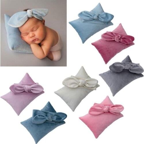 Velvet Top Knot Bow Headband And Pillow Set Newborn Photography Props Baby Posing Pillow Newborn Photography Accessories