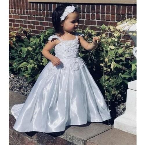 White Girls First Communion Dress Satin A-Line Backless Pageant Gown Little Princess Birthday Gown Flower Girl Dress