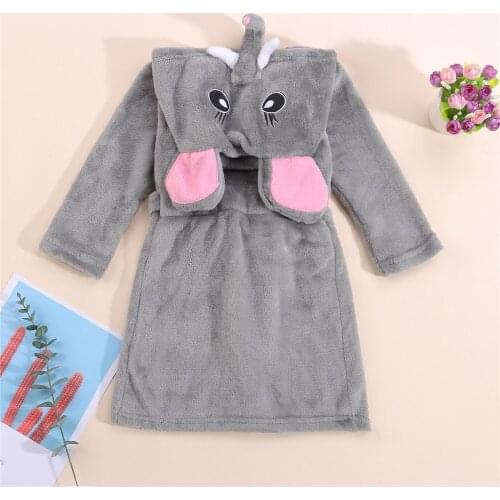 Autumn Winter Unisex Kids Fleece Hooded Sleeping Gown Sleepwear Baby Girl Boy Cartoon Elephant Long Sleeve Thick Bath Robe