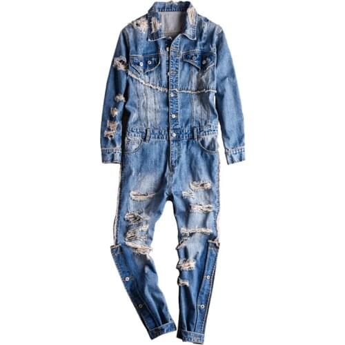 High street denim jumpsuit hip-hop street wear ripped jeans overalls fashion trousers