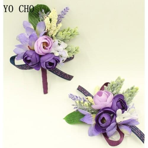 Artificial Flowers Groom Boutonniere Pin Purple Rose Wedding Wrist Corsage Bracelet Bridesmaid Marriage Wedding Planner Corsages