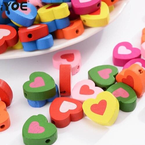 IYOE 30pcs/Lot 17mm Double Heart Beads Colorful Love Wood Spacer Beads For DIY Craft Home Ornaments Keychain Handmade Accessory