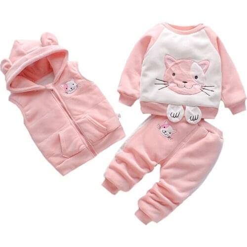 Cute Cat Toddler Baby Girls Clothing Set 2021 New Winter Keeping Warm Plus Velvet Suit For Kids Children Birthday Present