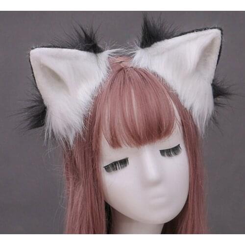 Contrast Color Faux Fur Wolf Ears Headband Simulation Fluffy Plush Animal Hair Hoop Anime Cosplay Costume Headpiece