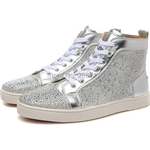 Shooegle Designer Luxury Man Shoes Zapatos Hombre Glitter Crystals Lace Up High Top Rhinestone Sneakers Men Flat Rubber Shoes