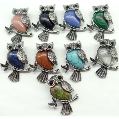 Fashion Natural stone mix lapis lazuli tijgeroog Turkoois kraal animal Uil Archaize zilveren Jewelry making brooch 1pcs A9