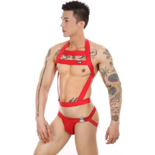 Men Sexy Bondage Lingerie Elastic Costume Thong Set Harness Shoulder Straps Stage wear hombre Backless Underwear Jockstrap