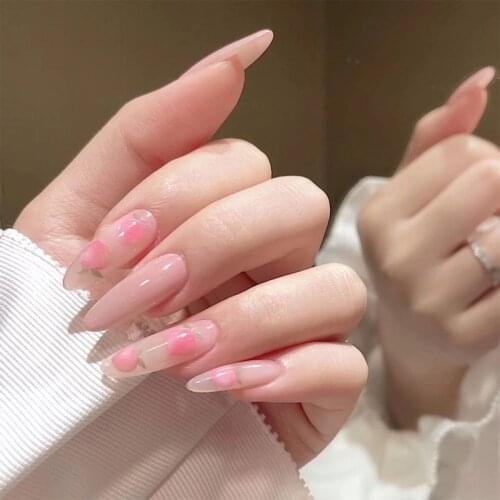New summer pure color with peach pattern false nails 24pcs with glue Middle-long lady full nail tips cartoon fake nails