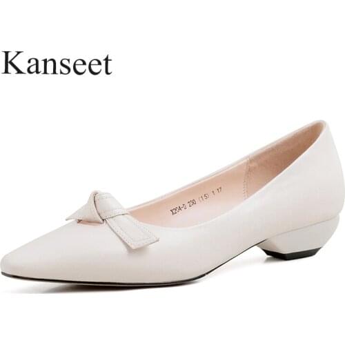 Kanseet 2021 New Women Pumps Spring Autumn Butterfly-Knot Decoration Genuine Leather Handmade Fashion Design Shallow Low Heels