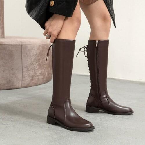 QZYERAI New Winter Round Toe Cow Leather Decoration Keep Warm Plus Size Thick Low Heels Riding Knee-high Boots GENUINE LEATHER