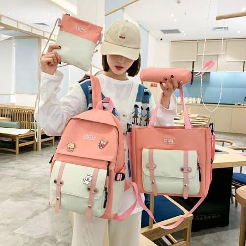 New Kawaii Canvas Cute College Ladies Badge School Backpack 4pcs Sets School Bag For Teenager Girl Women Backpack Casual Student