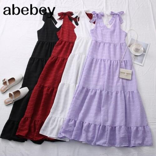 2021 Women Bow Sling Dress Summer Solid V Neck Ruffle Tiered A Line Dresses Korean Casual Vacation Beach Maxi Dress