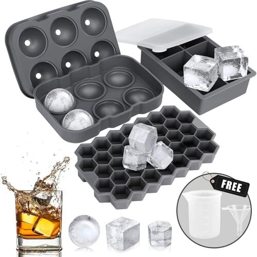 Ice Cube Tray, AiBast Ice Trays for Freezer With Lid, 3 Pack Silicone Large Round Ice Cube Tray, Sphere Square Honeycomb Ice Tra