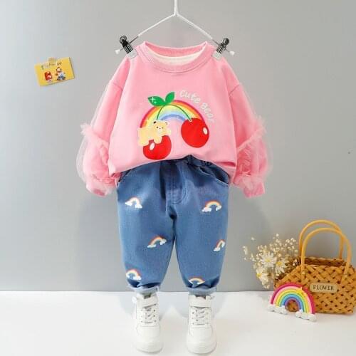 Fashion Baby Girls Clothing Sets Autumn Newborn Infant Clothes Cartoon Bear Pullover Blouse Jeans Children Kids Casual Clothes