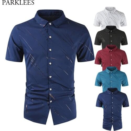Men Silk Shirt Irregular Line Print Mens Shirts Button Slim Fit Men Clothing Summer Casual Business Men Dress Shirt Short Sleeve
