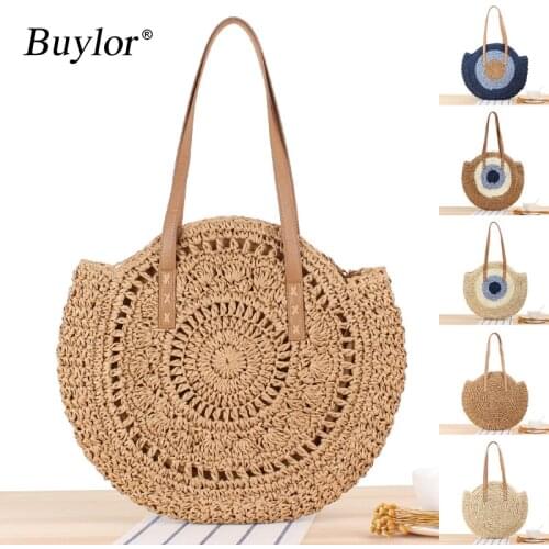 Buylor Summer Bags Round Straw Women Hand-Woven Shoulder Bag Simple Round Beach Handbag Fashion Female Message Tote Bag
