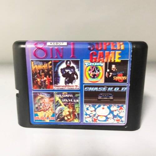 Super Game 8 In 1 Multi Game Cartridge With Robocop Tiny Toon Golden Axe Shadow Dancer For 16 bit Sega Mega Drive / Genesis