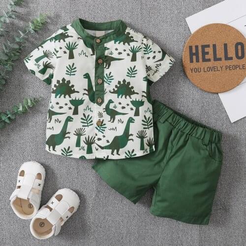 FOCUSNORM 0-5Y Summer Causal Baby Boys Clothes Sets Dinosaur Printed Short Sleeve Single Breasted Tops Shorts 2pcs