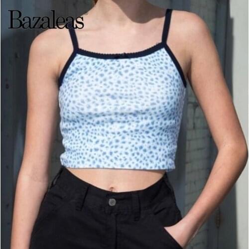 Bazaleas Streetwear Blue Leopard Print Women Camis Fashion Black Spaghetti strap Crop Top Vintage Women Tank Top