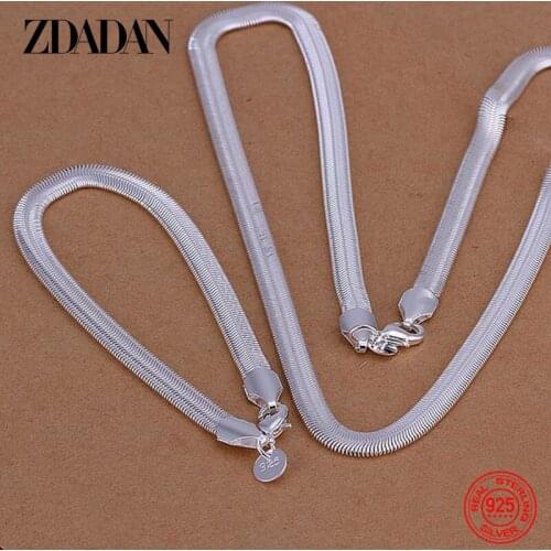 ZDADAN 925 Sterling Silver 6MM Flat Soft Snake Chain Set For Women Men Party Engagement Jewelry Gift