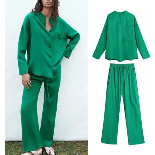 2021 Summer Za Vintage Asymmetric Shirt Women Long Sleeve Loose Green Shirts Woman Chic Pocket Button Up Casual Tops