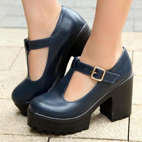 New T-Strap Buckle Strap Solid Mary Janes Platform Women Shoes Woman Casual Spring Autumn Pumps Large Size 34-46