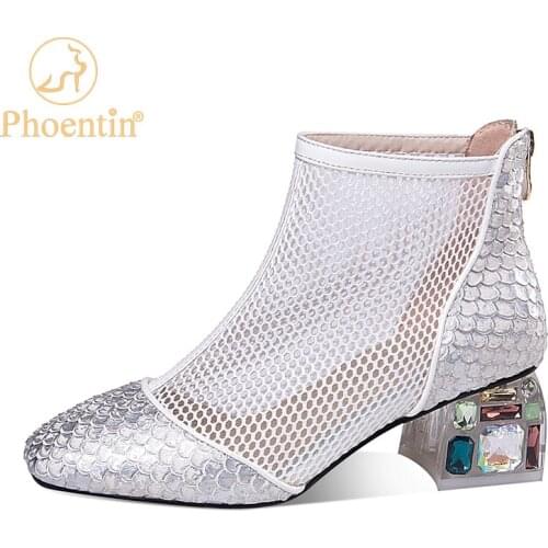 Phoentin Bling party shoes womens ankle summer boots 2021 mesh and Genuine Leather patchwork crystal high heels sandals FT1489