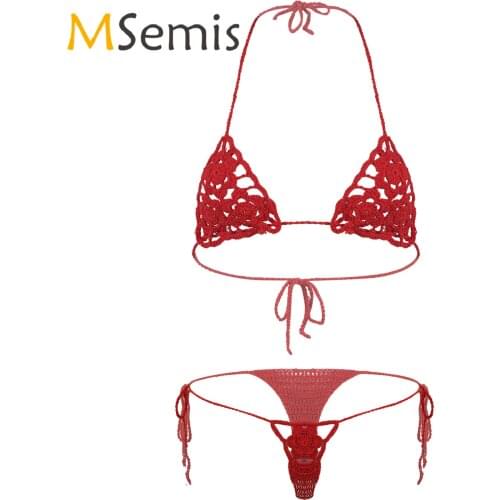 Women Mini Micro Swimsuit Floral Handmade Crochet Lingerie Suit Hollow Out Bikini Set Swimwear Two-Piece Sexy Sunbathing Clothes
