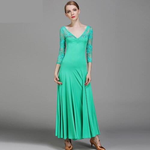 2019 New Lace Long Sleeve Standard Ballroom Dance Dresses Flamenco Dancing Skirt Women Middle Sleeve Stage Waltz Ballroom Dress