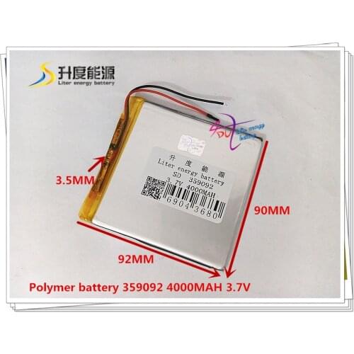 3.7V 4000mAH 359092 polymer lithium ion / Li-ion battery for POWER BANK GPS mp3 mp4 MOBILE cell phone TABLET PC