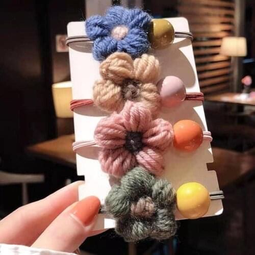 4PCS/Set Soft Knitted Flower Ornament Hair Bands for Women Scrunchie Ponytail Holder Elastic Hairbands Hair Accessories for Girl