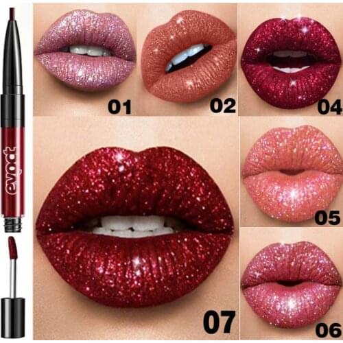 7 Color Double Head Lipstick Glitter Shimmer Sexy Red Lip Glaze Lip Liner Pen Double Use Waterproof Lasting Lip Makeup TSLM1