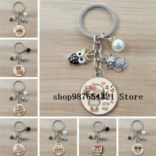 New cute owl cartoon pattern keychain glass cabochon pendant keychain children keychain gift