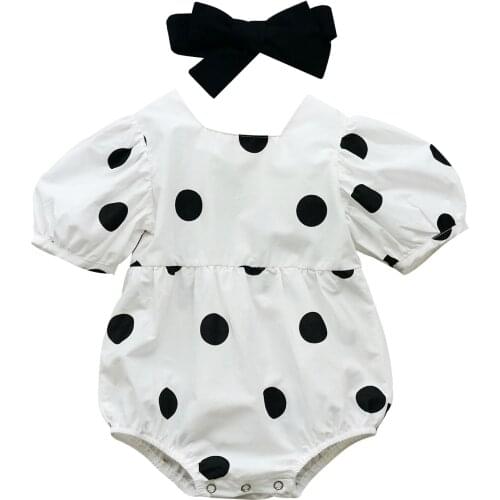 Infant Short Sleeve Romper + Bow Headband, Polka Dot Printing Sweet Style Summer Clothing