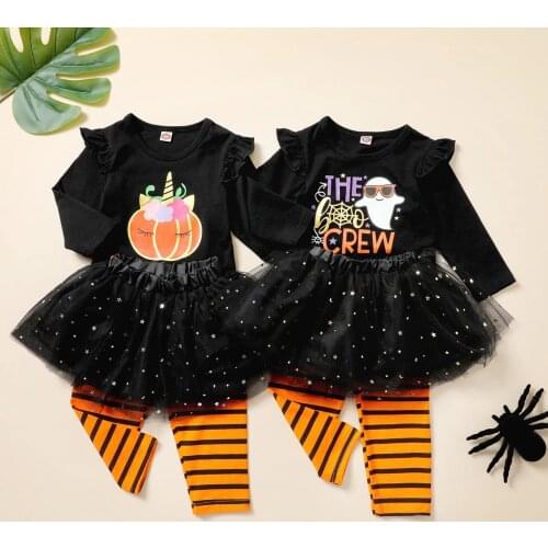 Kids Halloween Clothes Suit Set Spring Autumn Cartoon Patters Print O-Neck Long Sleeve Tops+Mesh Tutu Skirt+Pants 1-4 Years