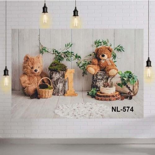 Wood Floor Teddy Bear Forest Backdrop Trees Toy Photography Baby 1st Birthday Party Background for Photo Studio Photophone