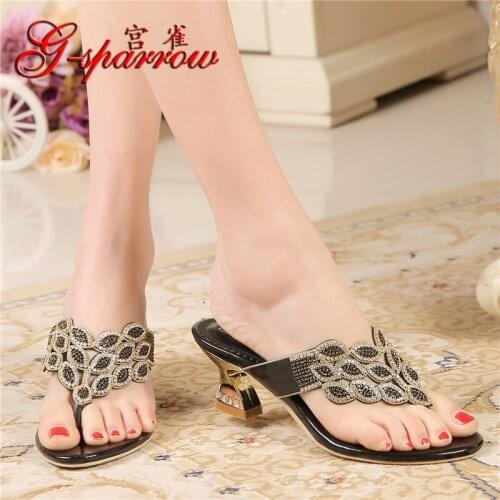 G-SPARROW 2018 Summer New Womens Chunky High Heel Pumps Slippers Rhinestone Flip Flops Shoes Discount Black