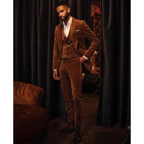 Handsome Streetwear Brown Shawl Lapel 3 Pieces Groomsman For Wedding Prom Party Dress Custom Made (Jacket+Trousers+Vest)